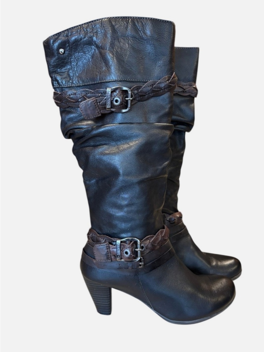 Pikolinos Verona Tall Black Leather Slouchy Boots Strappy Buckle Boho Western